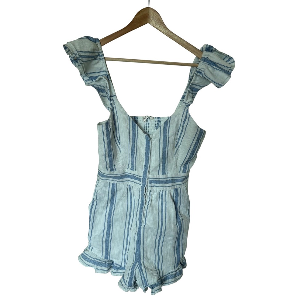 LoveShackFancy Striped Romper Women Small Blue White Excellent Ruffle Boho